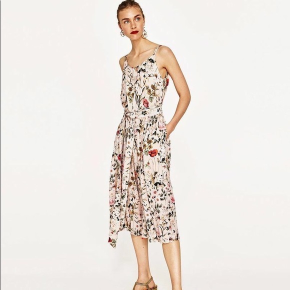 Zara Pants - NWT Zara Nude Pink Floral Print Flowy Jumpsuit